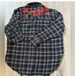 American Eagle distressed plaid boyfriend fit top with floral embroidery